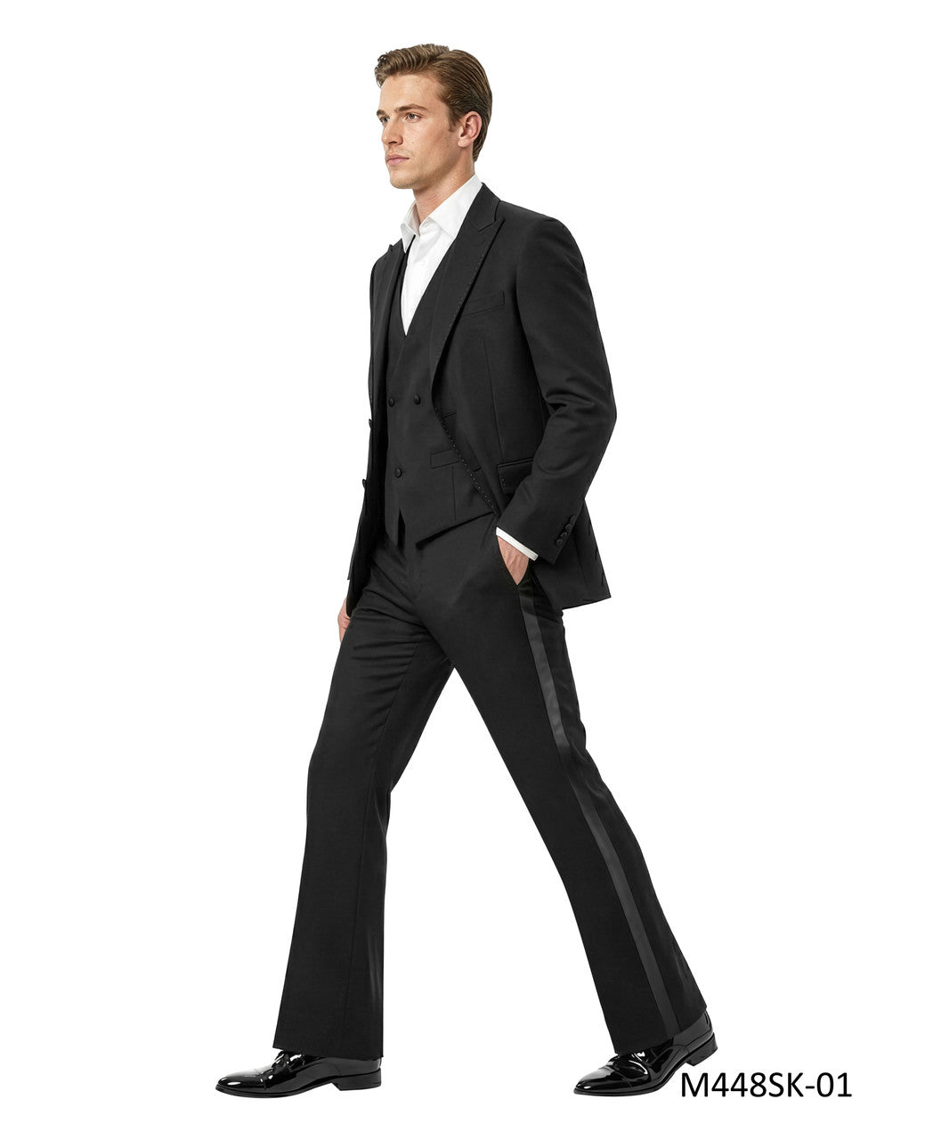 studded collar three-piece tuxedo in black