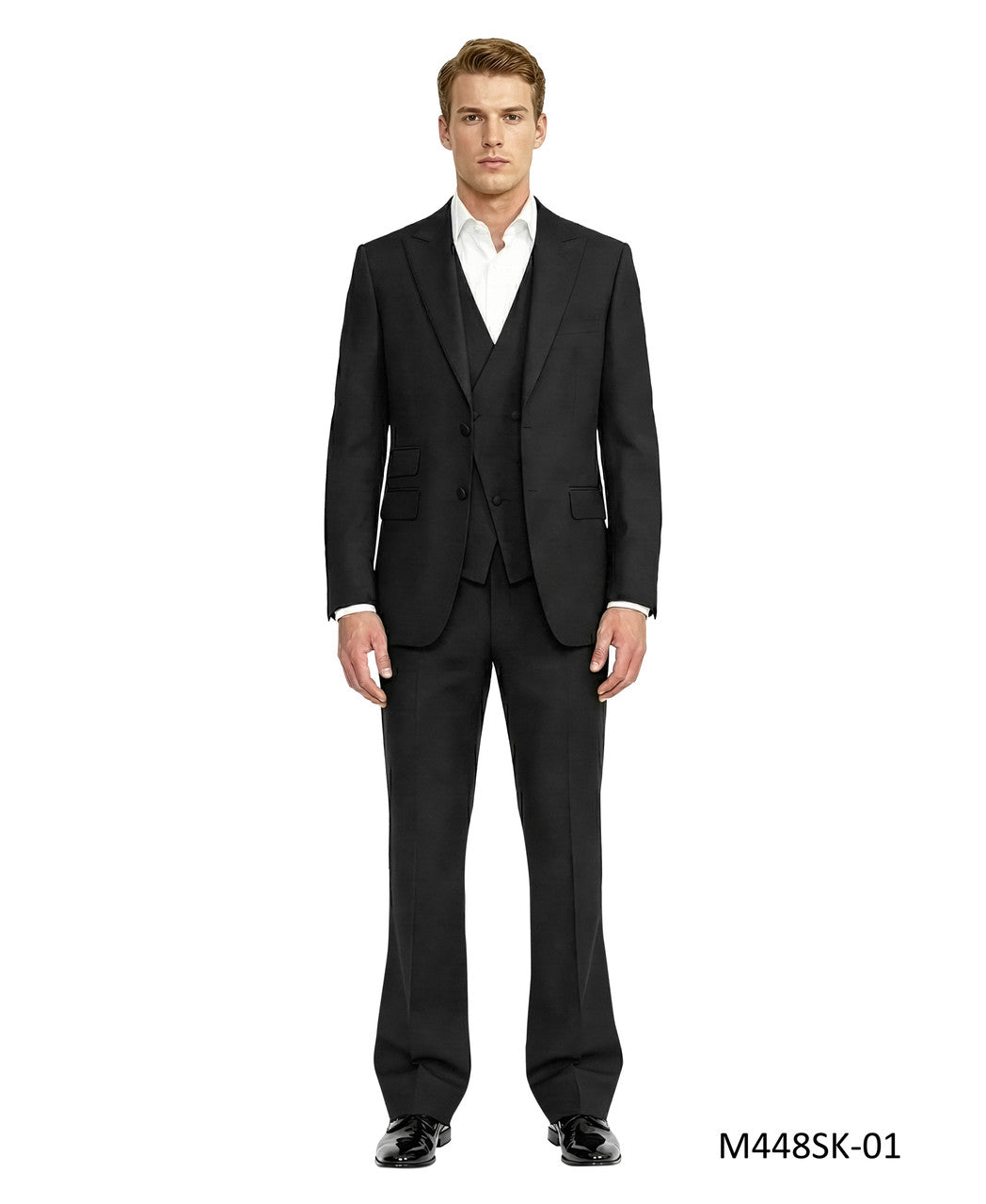studded collar three-piece tuxedo in black, detail