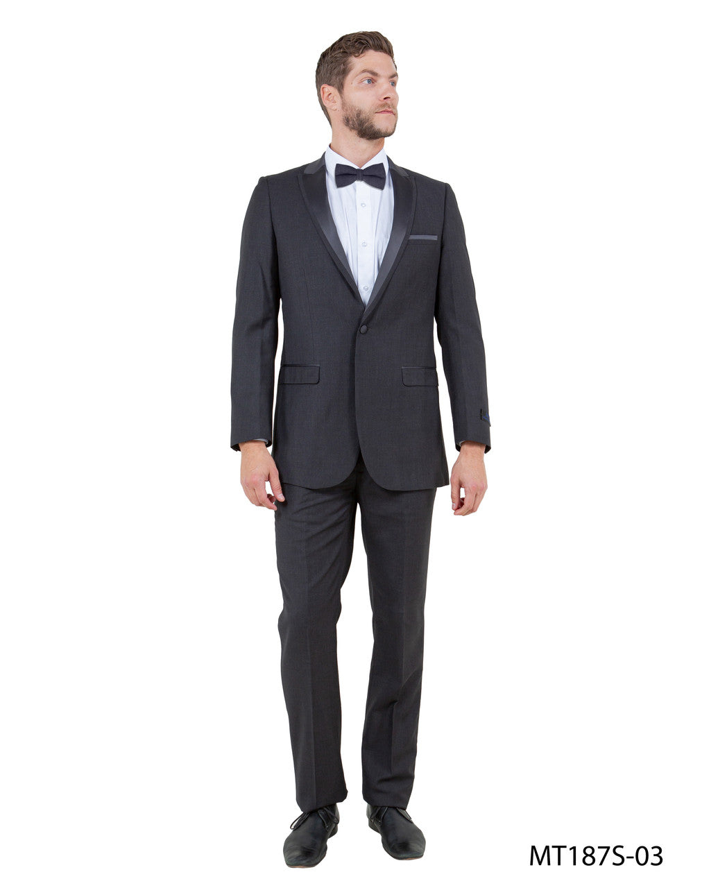 peak lapel tuxedo in dark grey