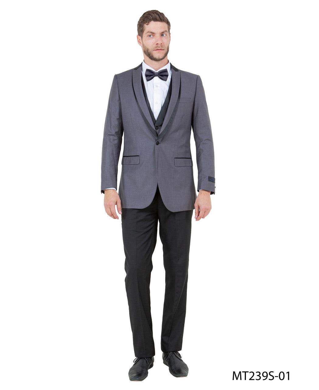peak lapel tuxedo with satin vest in grey with black