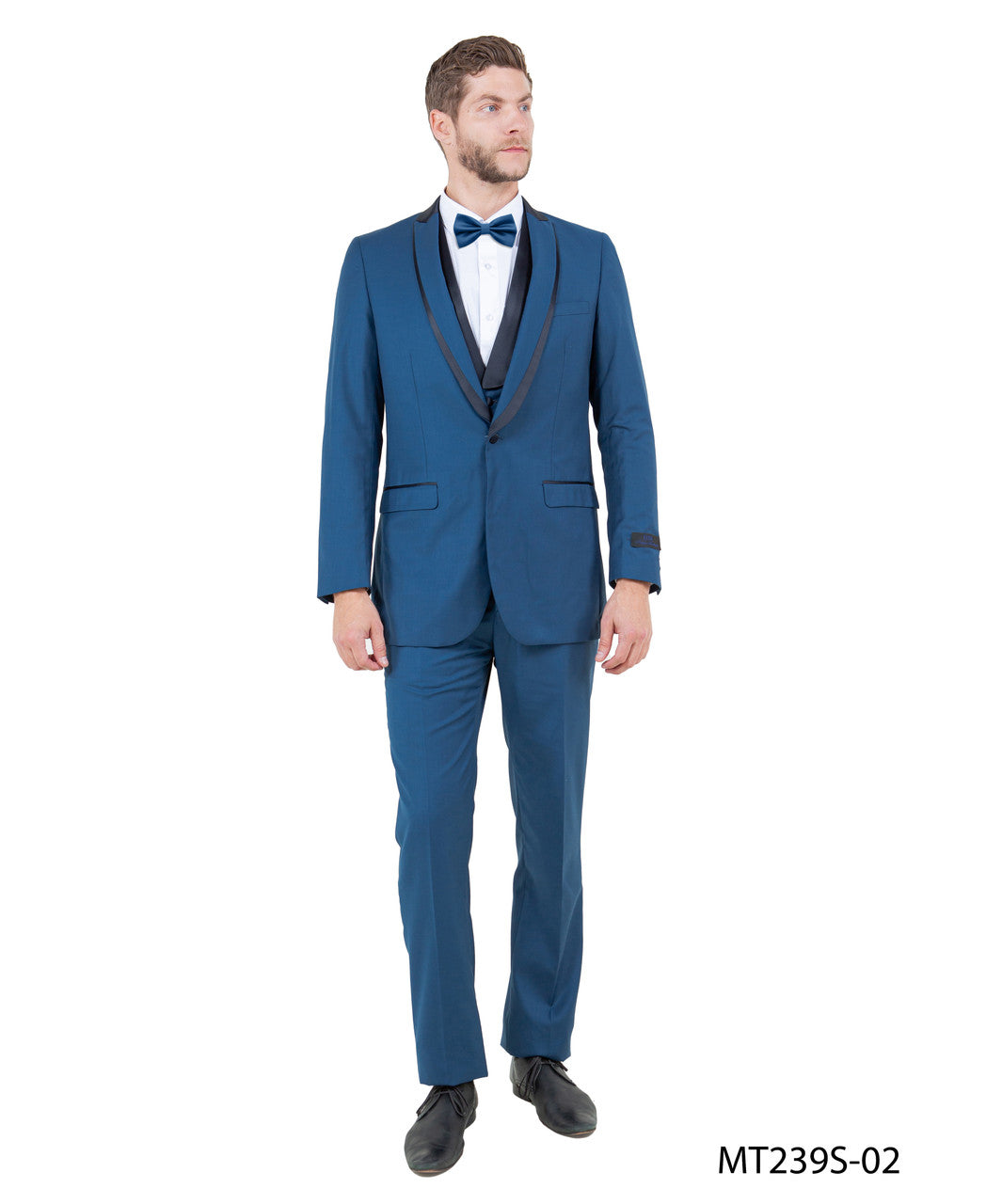 peak lapel tuxedo with satin vest in blue with black