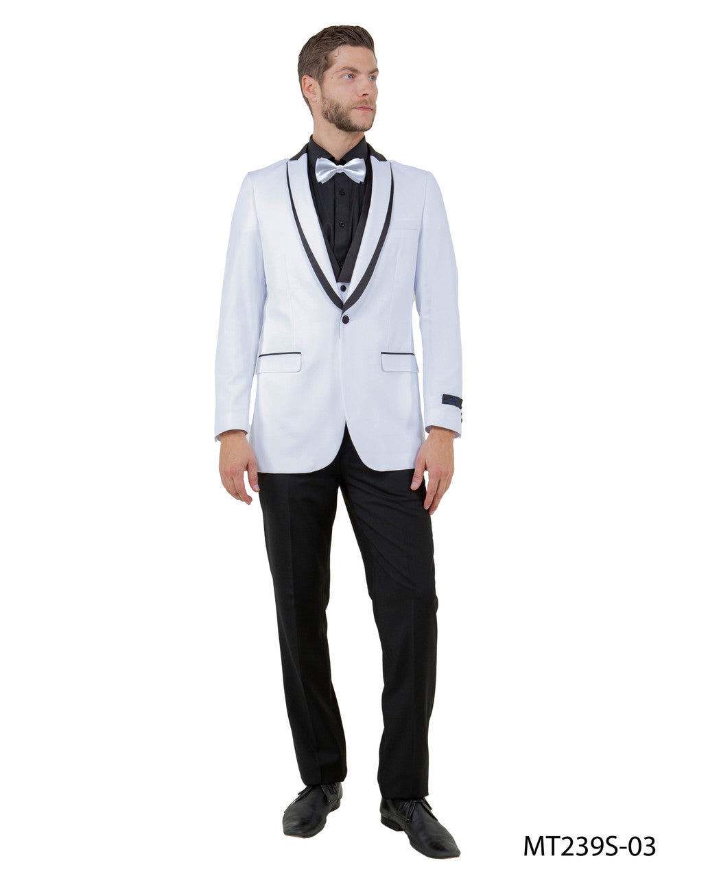 peak lapel tuxedo with satin vest in white with black