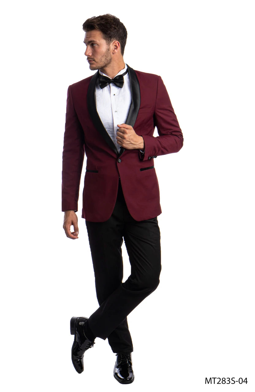 Slim fit shawl collar tuxedo in burgundy