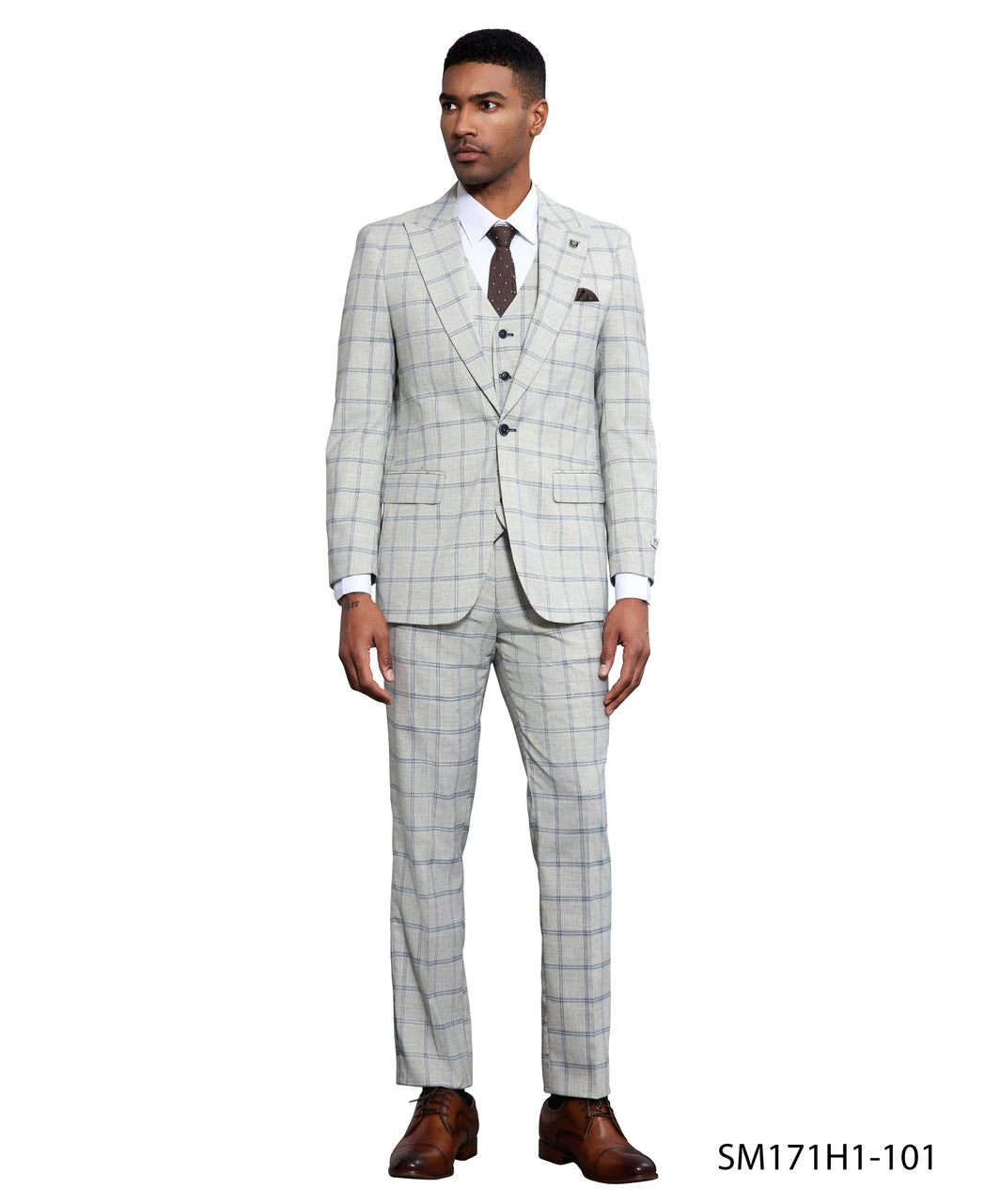 light windowpane three-piece suit in beige