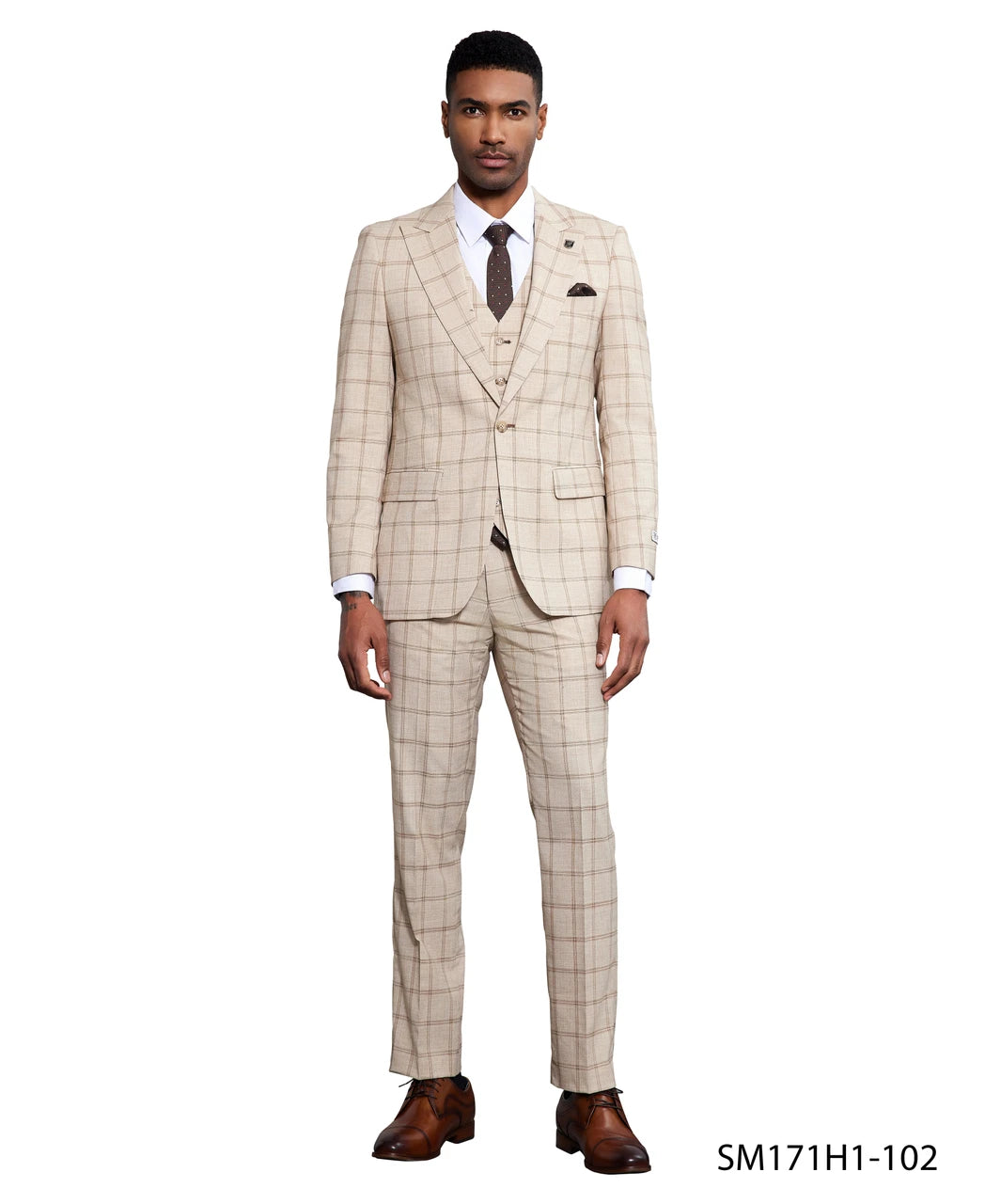 light windowpane three-piece suit in light grey