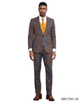 Bold plaid three-piece suit in blue and orange