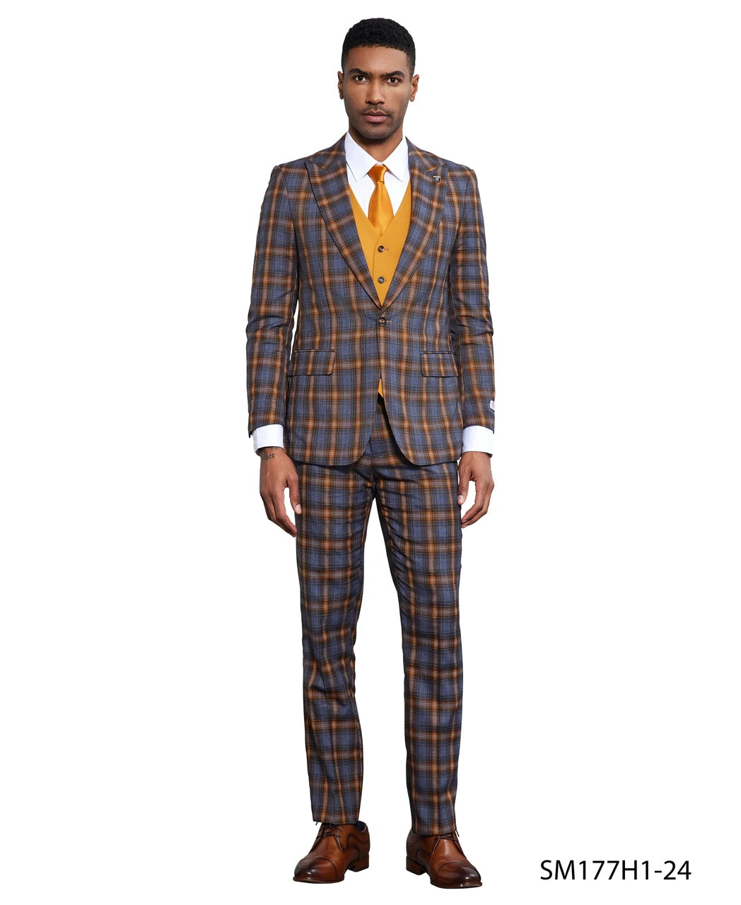 Bold plaid three-piece suit in blue and orange