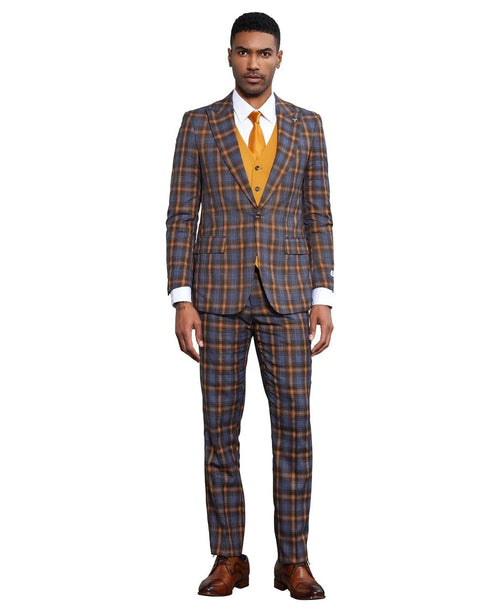 Bold plaid three-piece suit in blue and orange