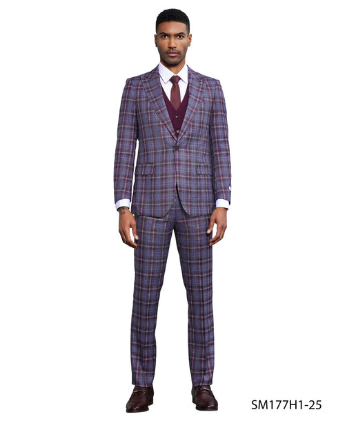 Bold plaid three-piece suit in wine and grey