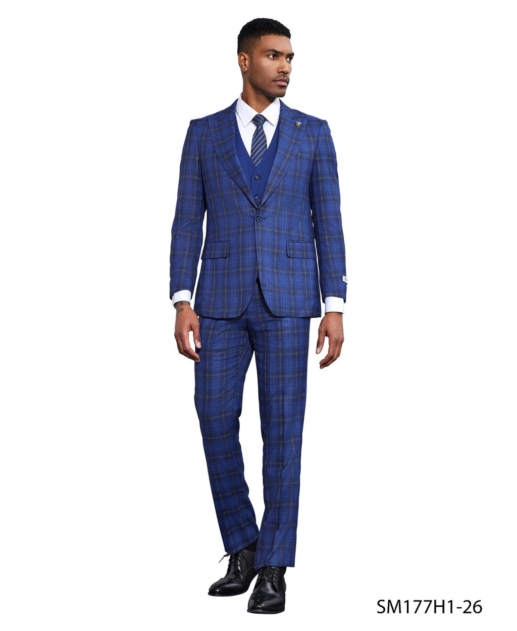 Bold plaid three-piece suit in royal blue and white