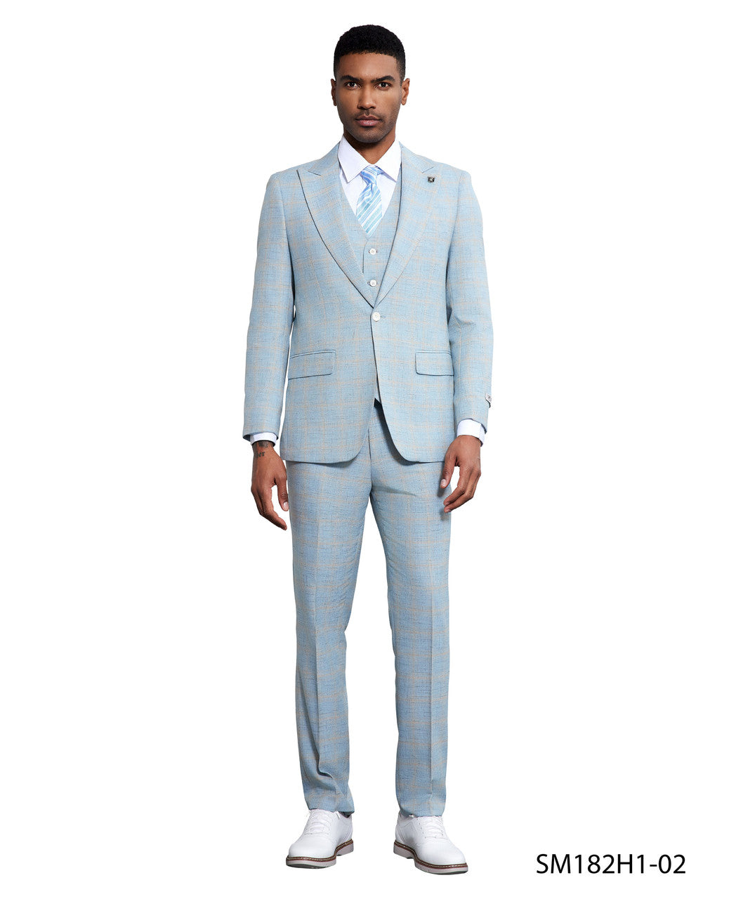 pastel windowpane three-piece suit in baby blue