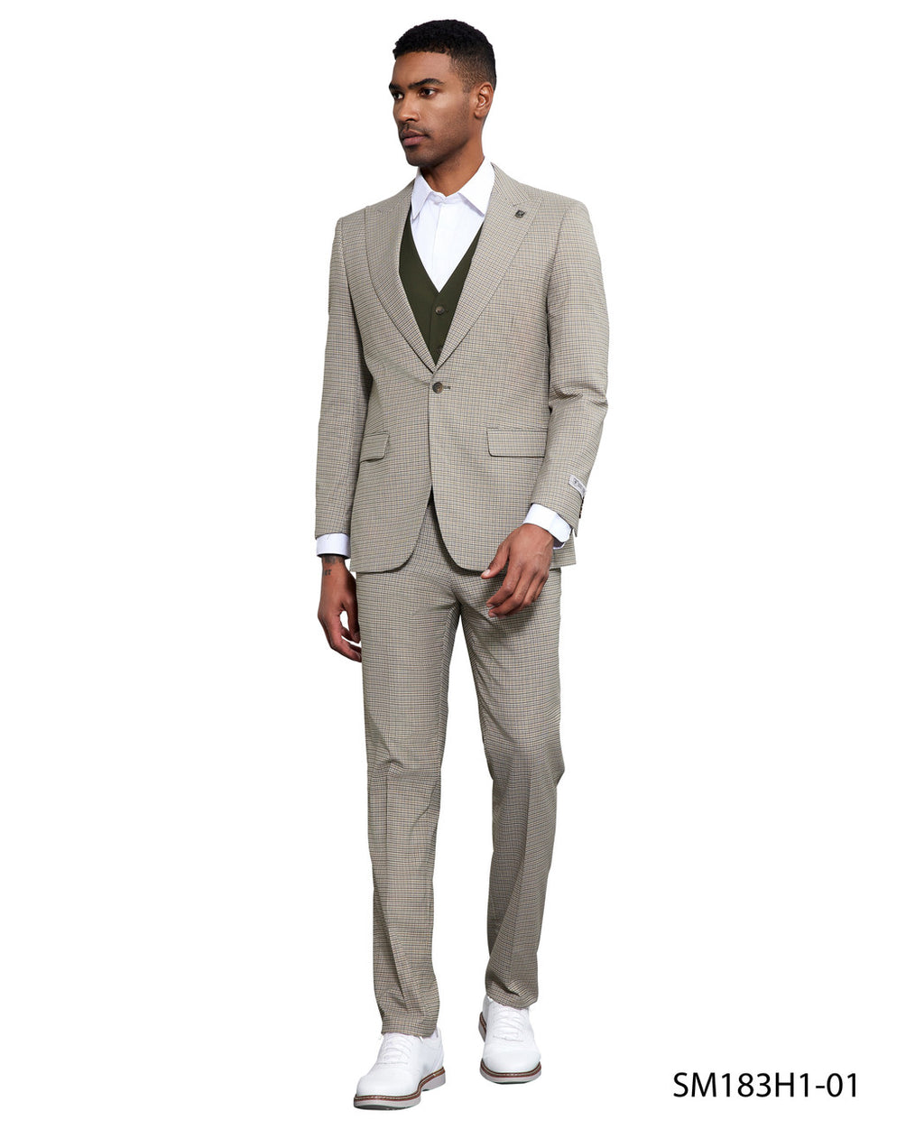 Glen plaid three-piece suit in beige and green