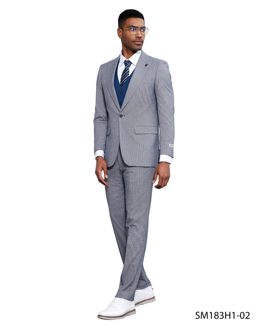 Glen plaid three-piece suit in grey and blue