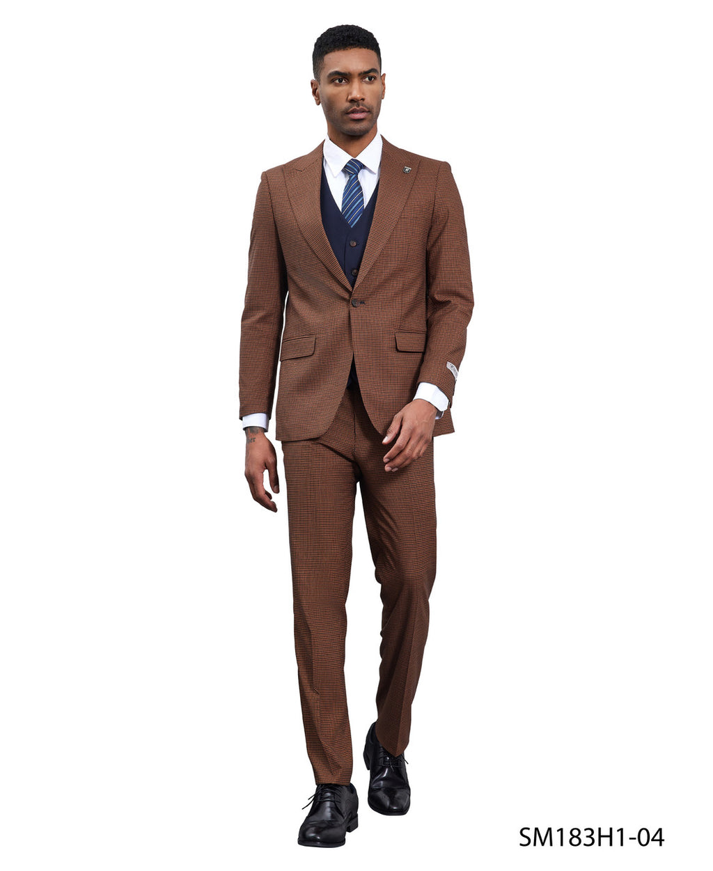 Glen plaid three-piece suit in brown and navy