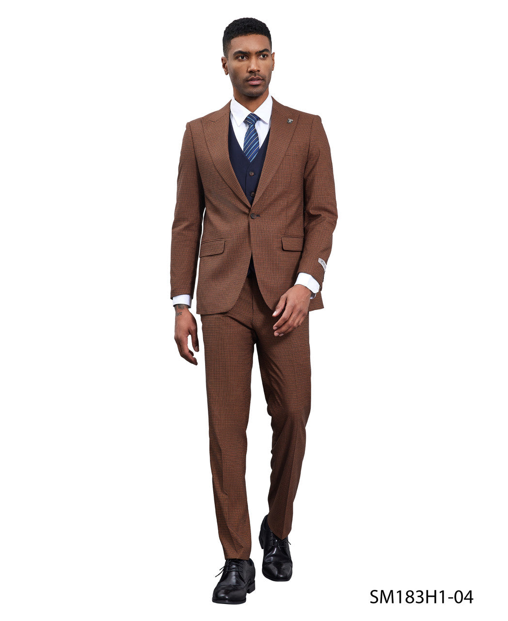 Glen plaid three-piece suit in brown and navy