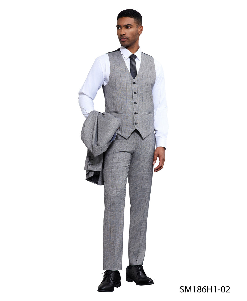Windowpane three-piece suit vest detail