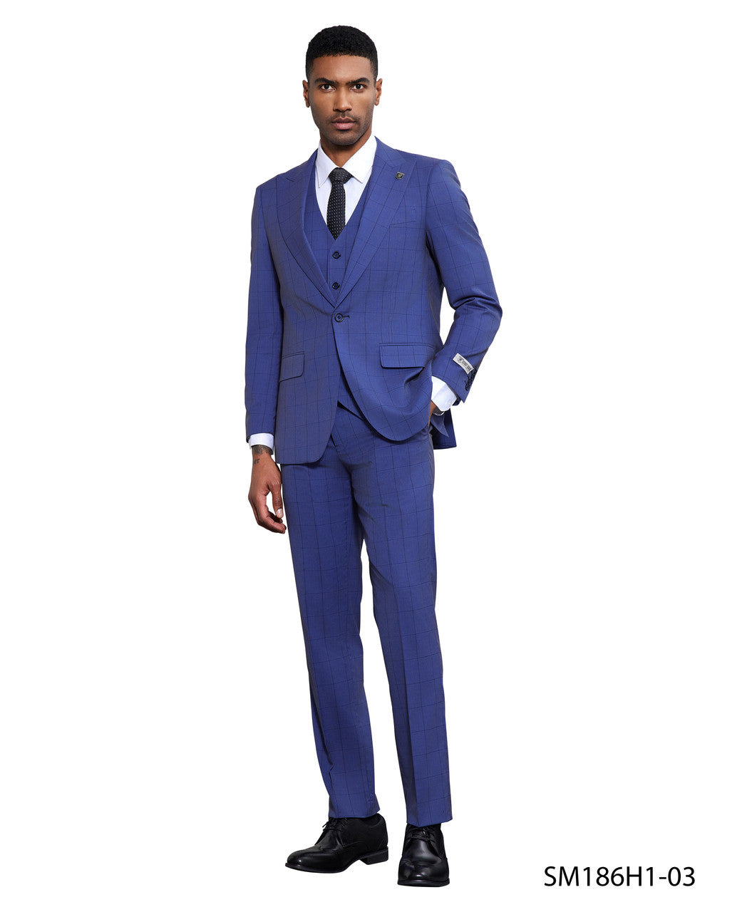 Windowpane three-piece suit in blue
