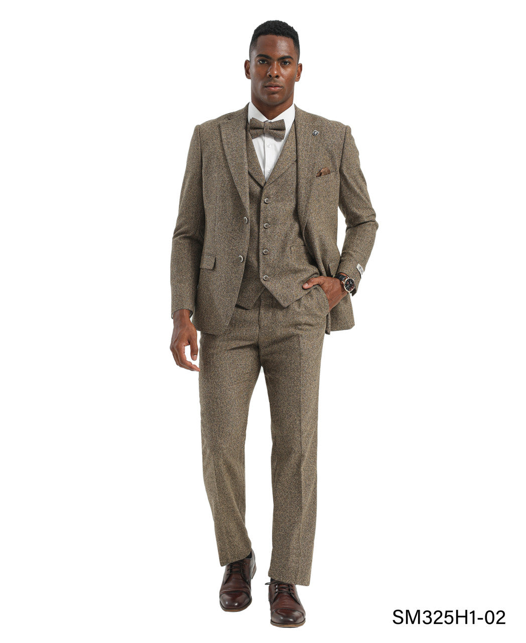 tweed three-piece suit in brown/tan