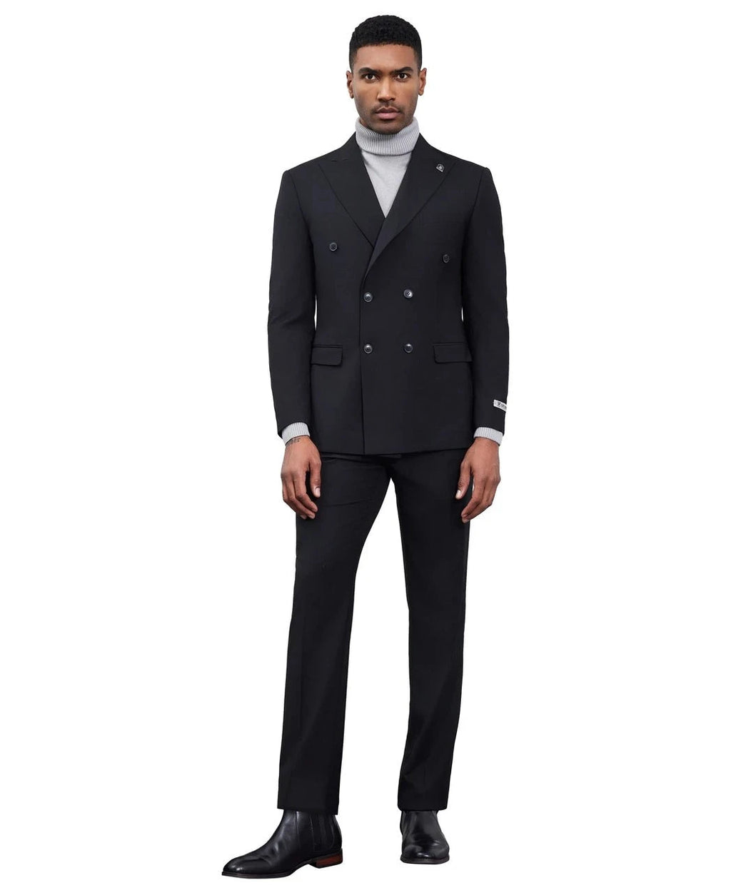 Double-breasted peak lapel suit in black