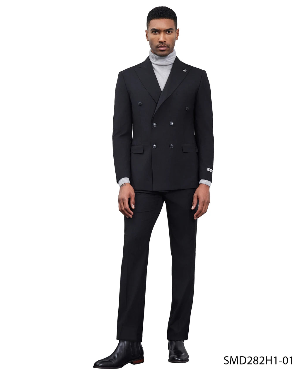 Double-breasted peak lapel suit in black