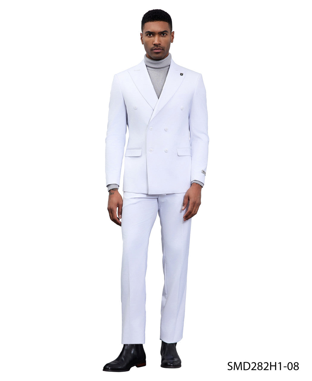 Double-breasted peak lapel suit in white