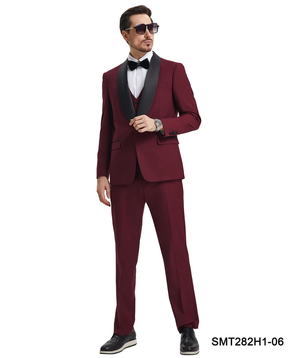 Three-piece shawl collar tuxedo in burgundy
