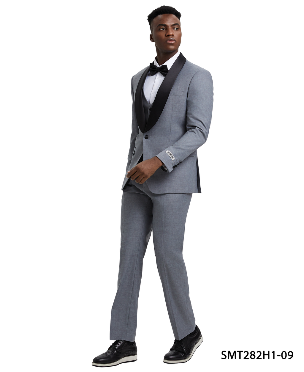 Three-piece shawl collar tuxedo in mid grey