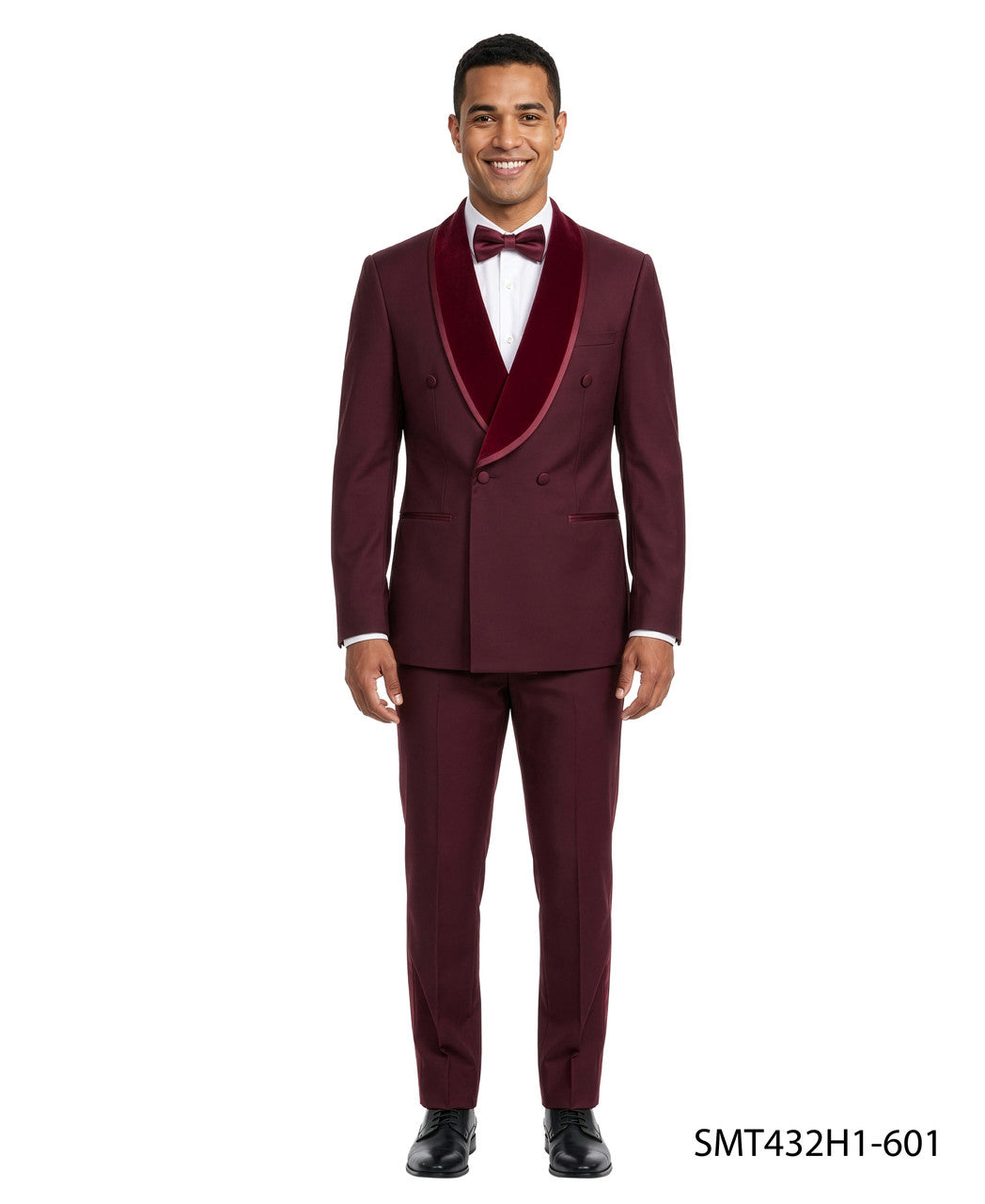 Velvet double-breasted tuxedo in burgundy
