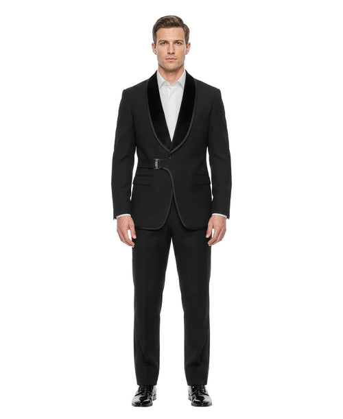 belted velvet shawl tuxedo in black