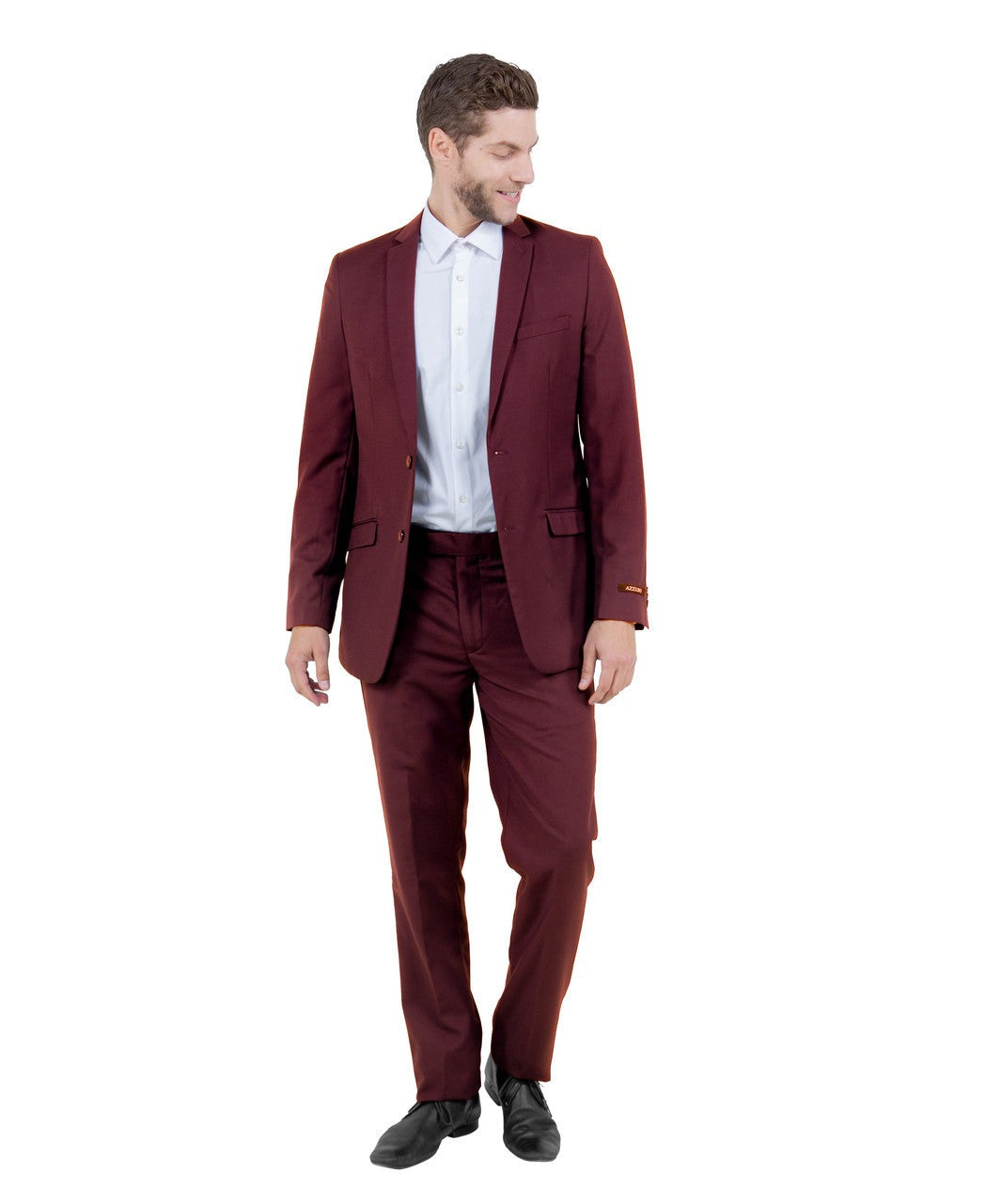 classic two-button suit in burgundy