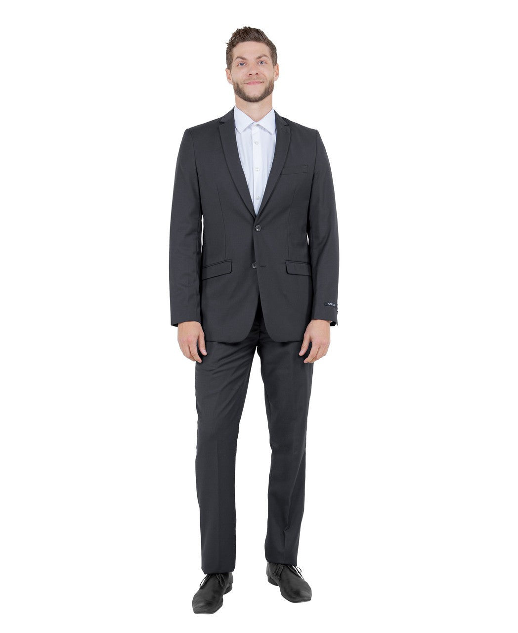 classic two-button suit in charcoal