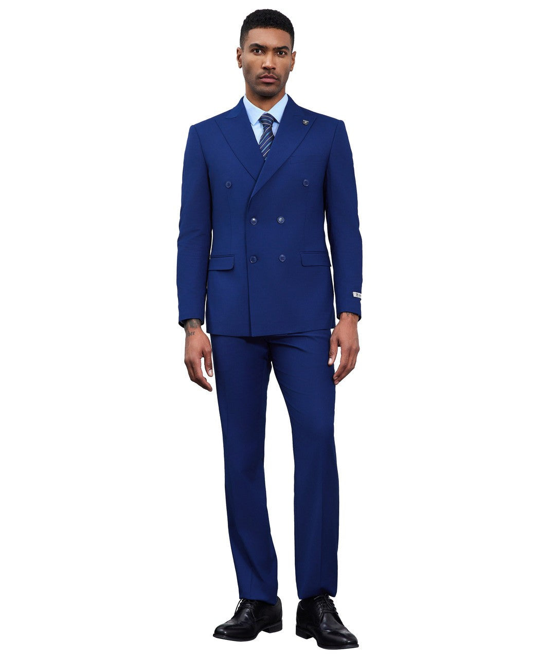 Double-breasted peak lapel suit in blue