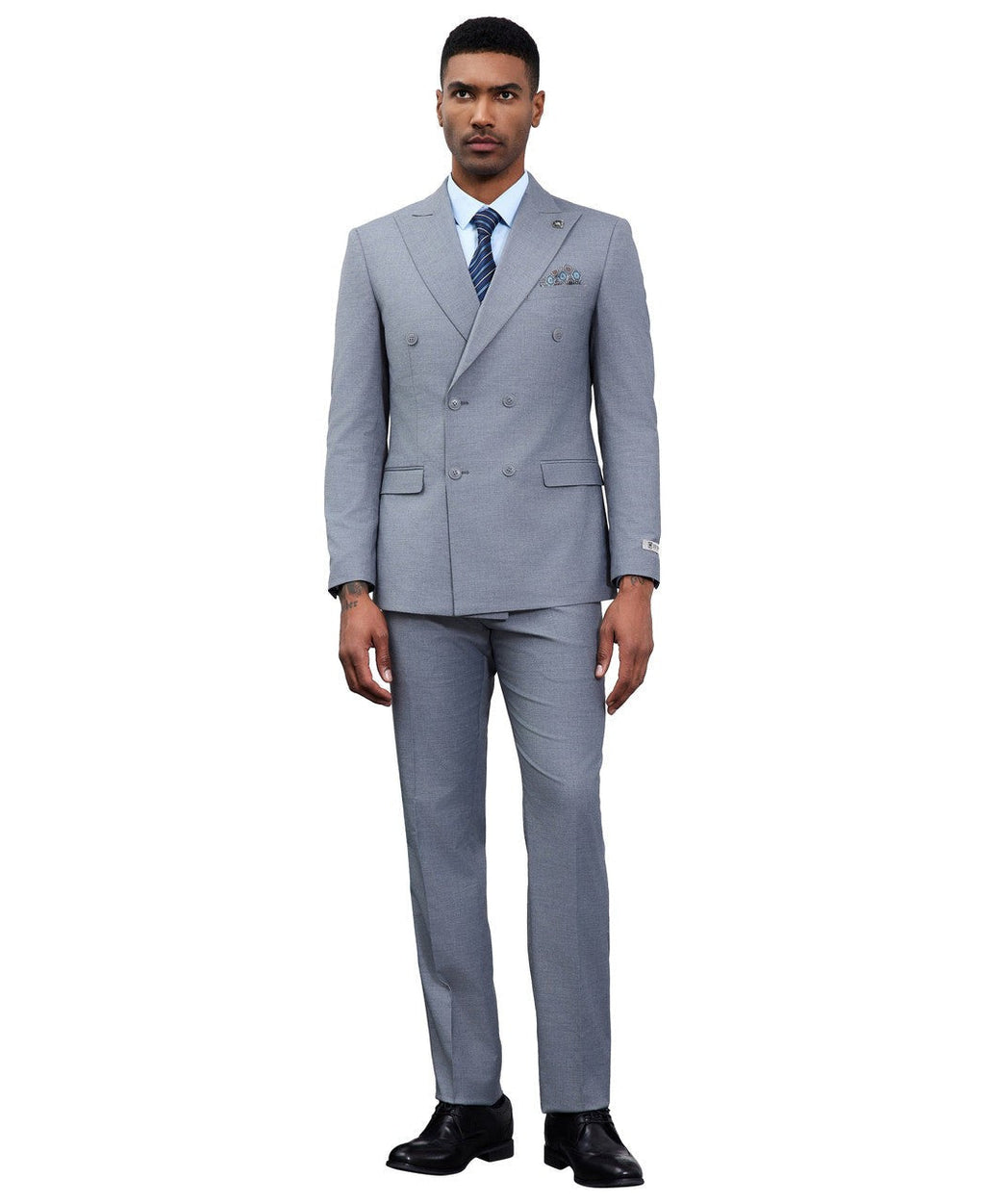 Double-breasted peak lapel suit in grey