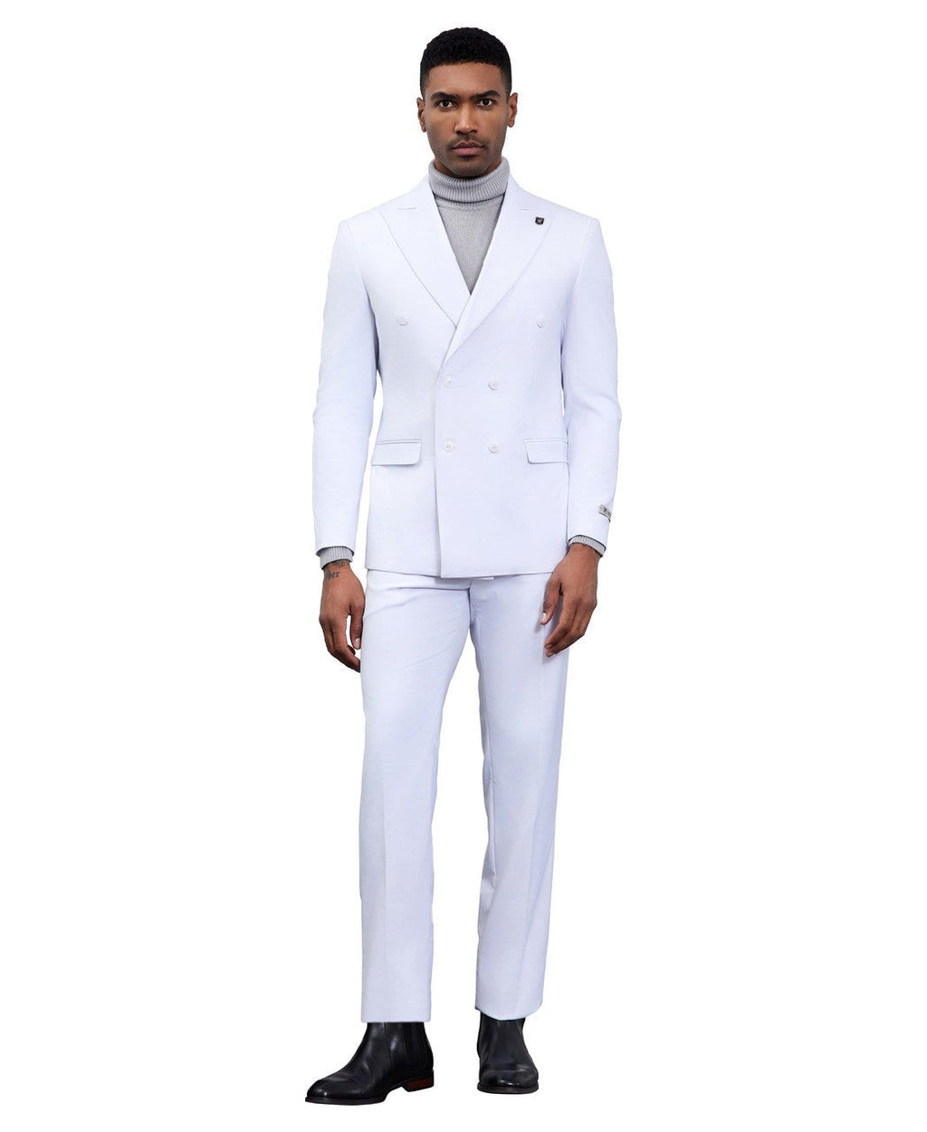 Double-breasted peak lapel suit in white