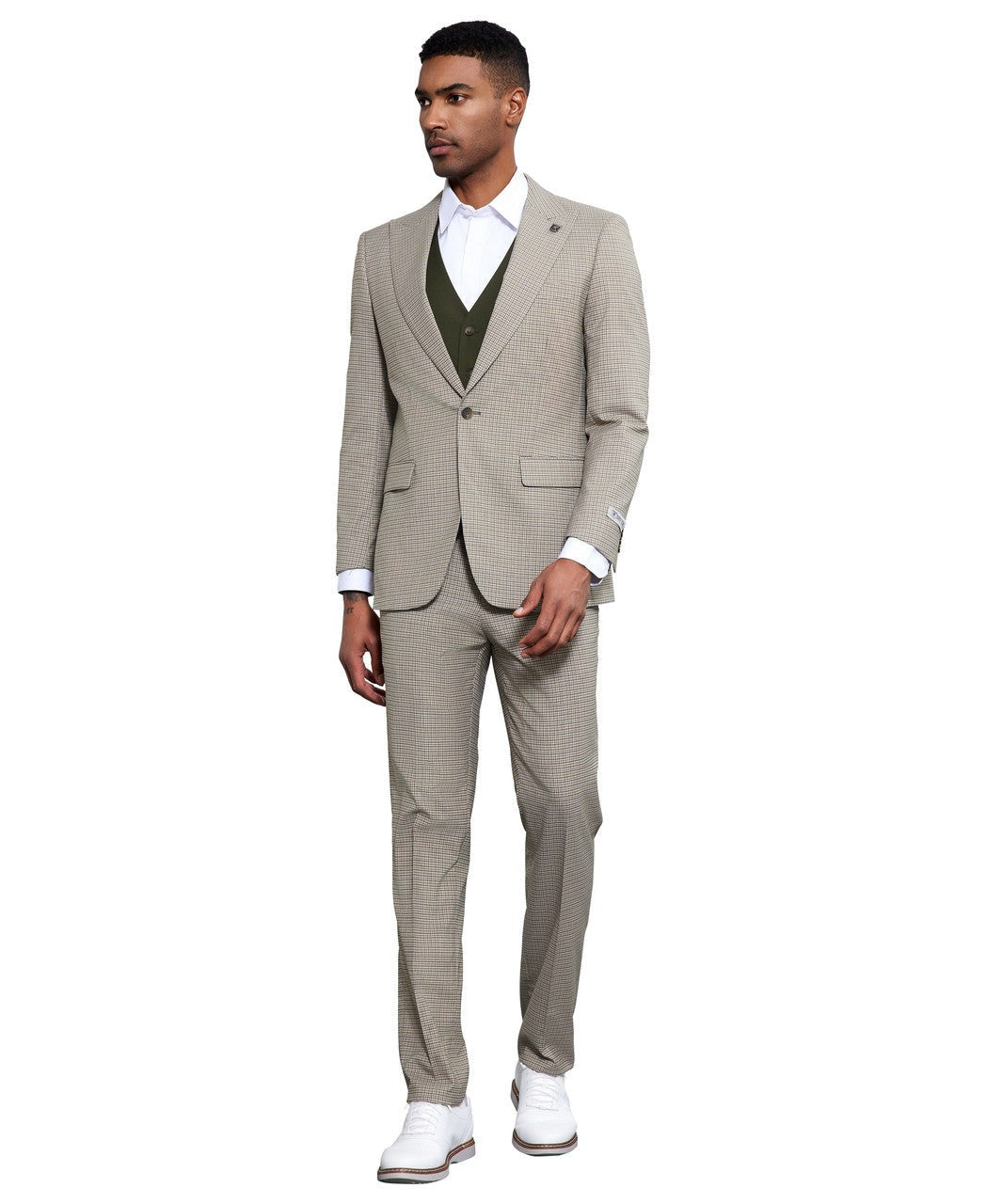 Glen plaid three-piece suit in beige and green