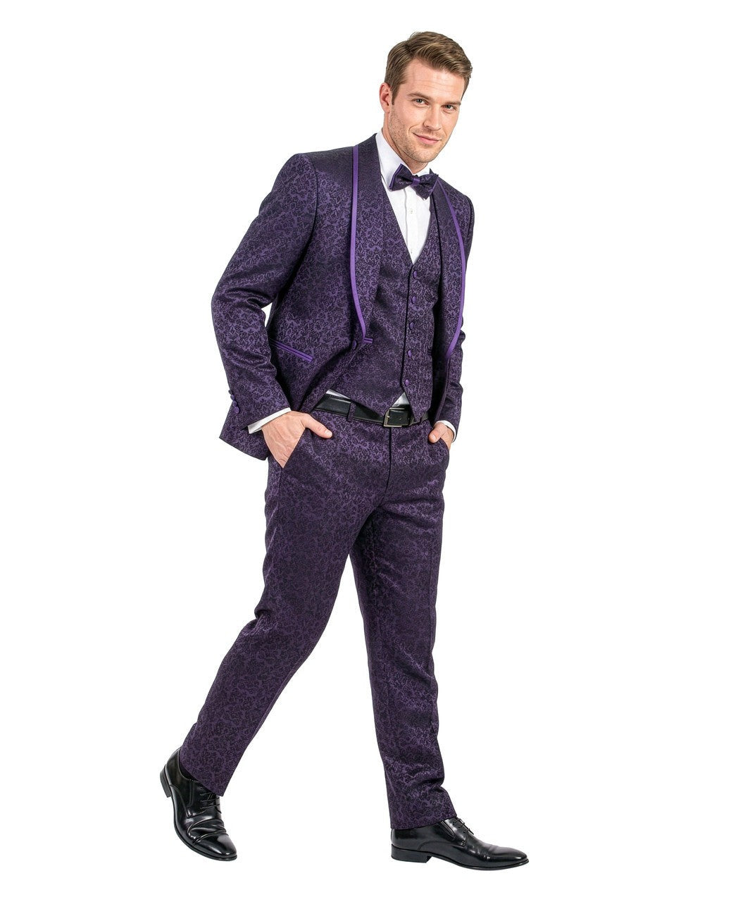 paisley three-piece suit with bow tie in purple