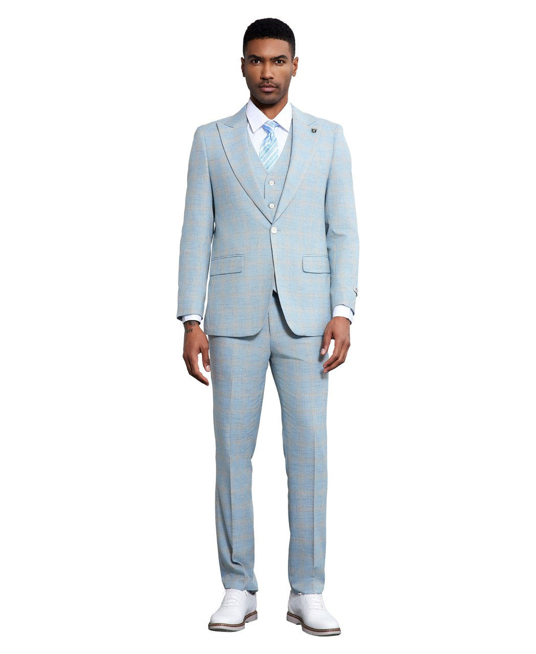 pastel windowpane three-piece suit in baby blue