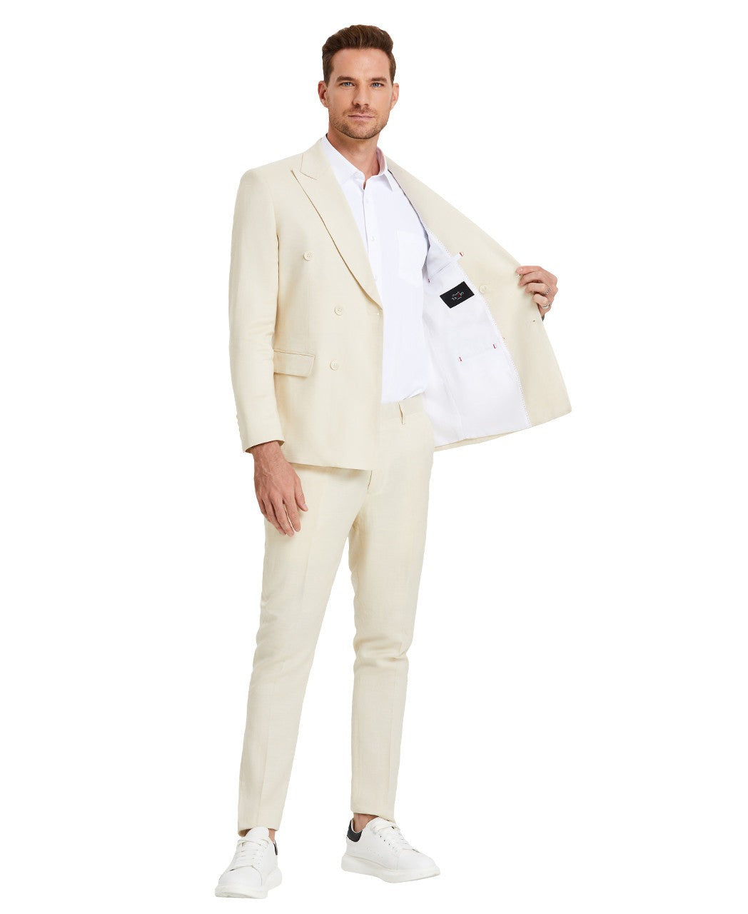 peak lapel summer suit in tan, detail