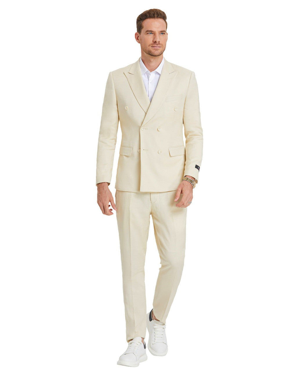 peak lapel summer suit in tan