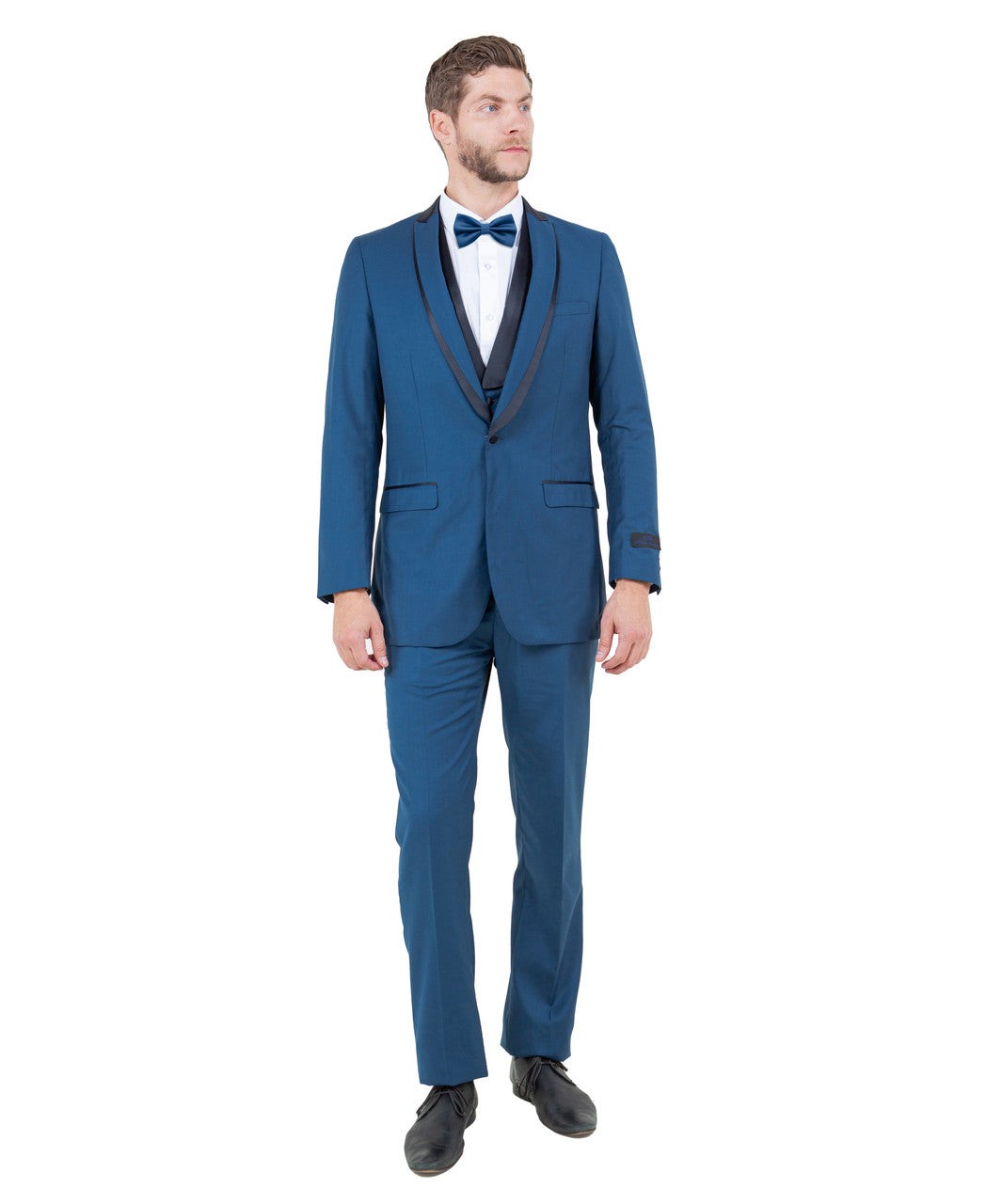 peak lapel tuxedo with satin vest in blue with black