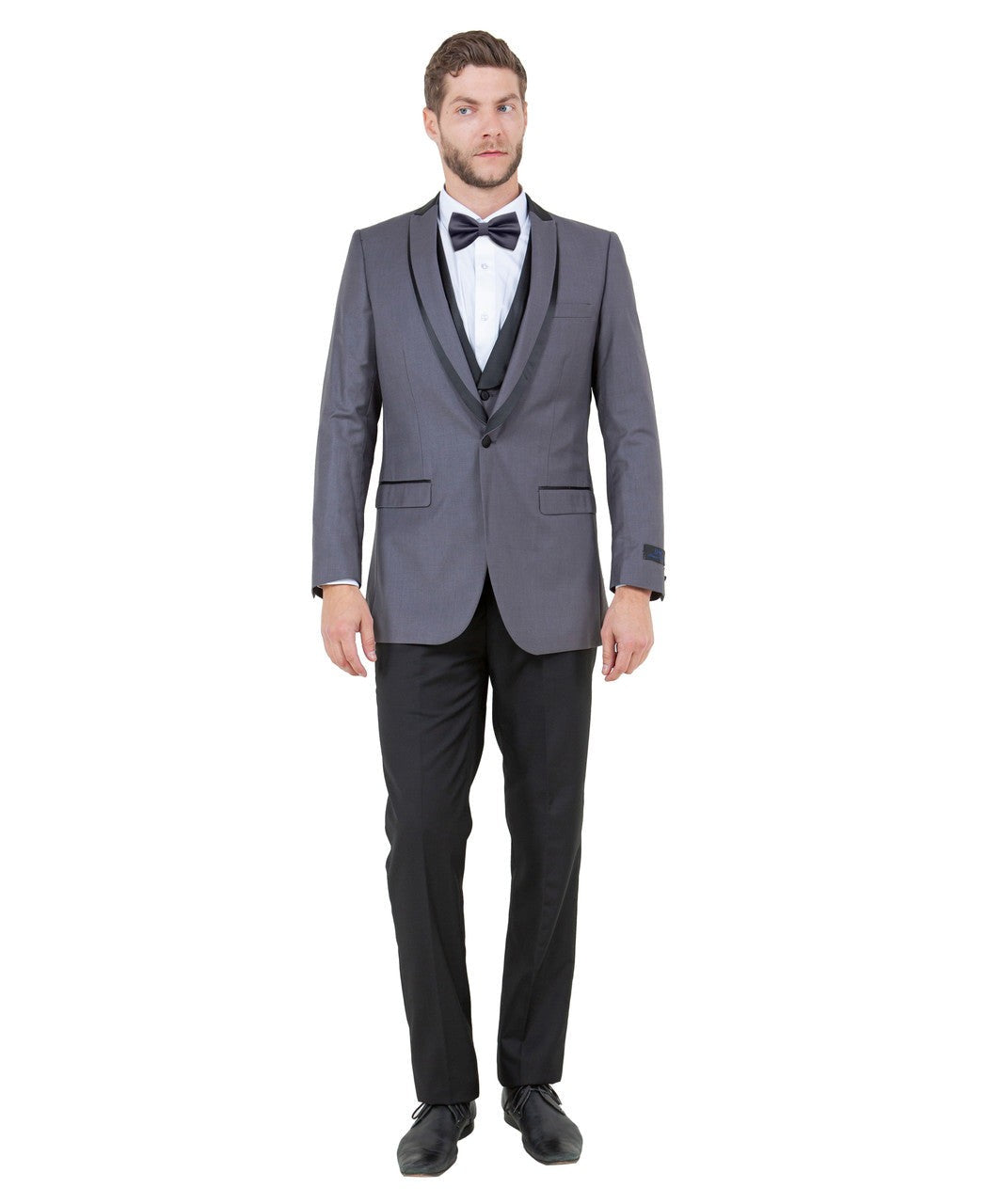 peak lapel tuxedo with satin vest in grey with black