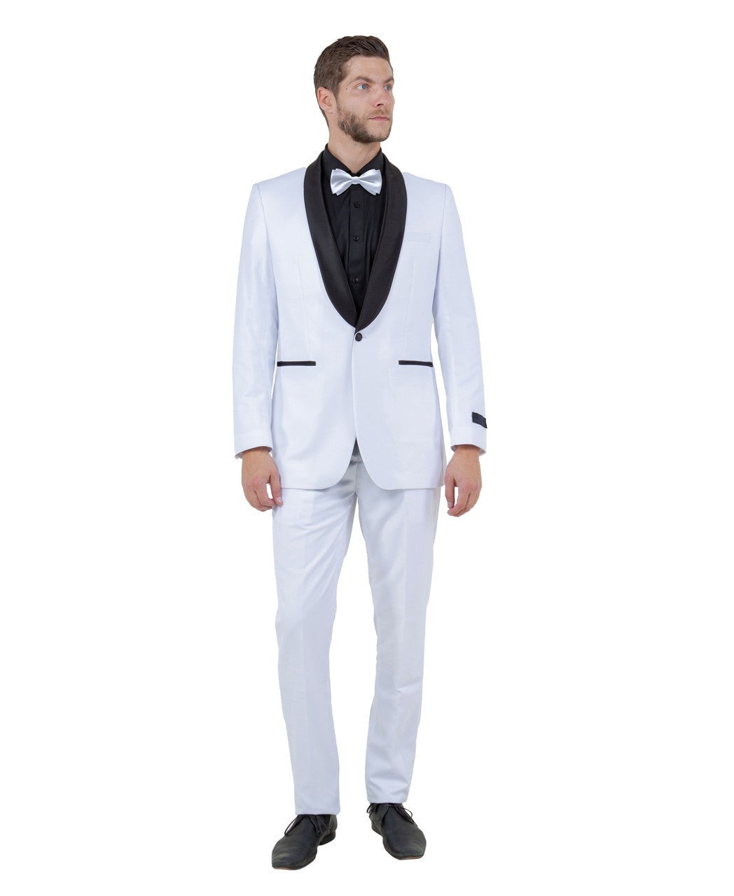 satin shawl collar tuxedo in white with black satin