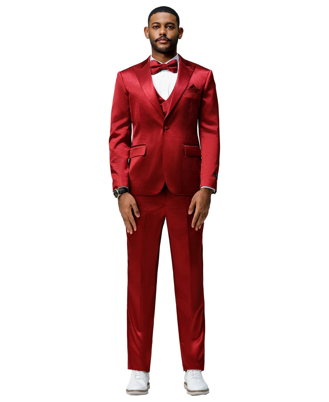 sharkskin three-piece suit in burgundy