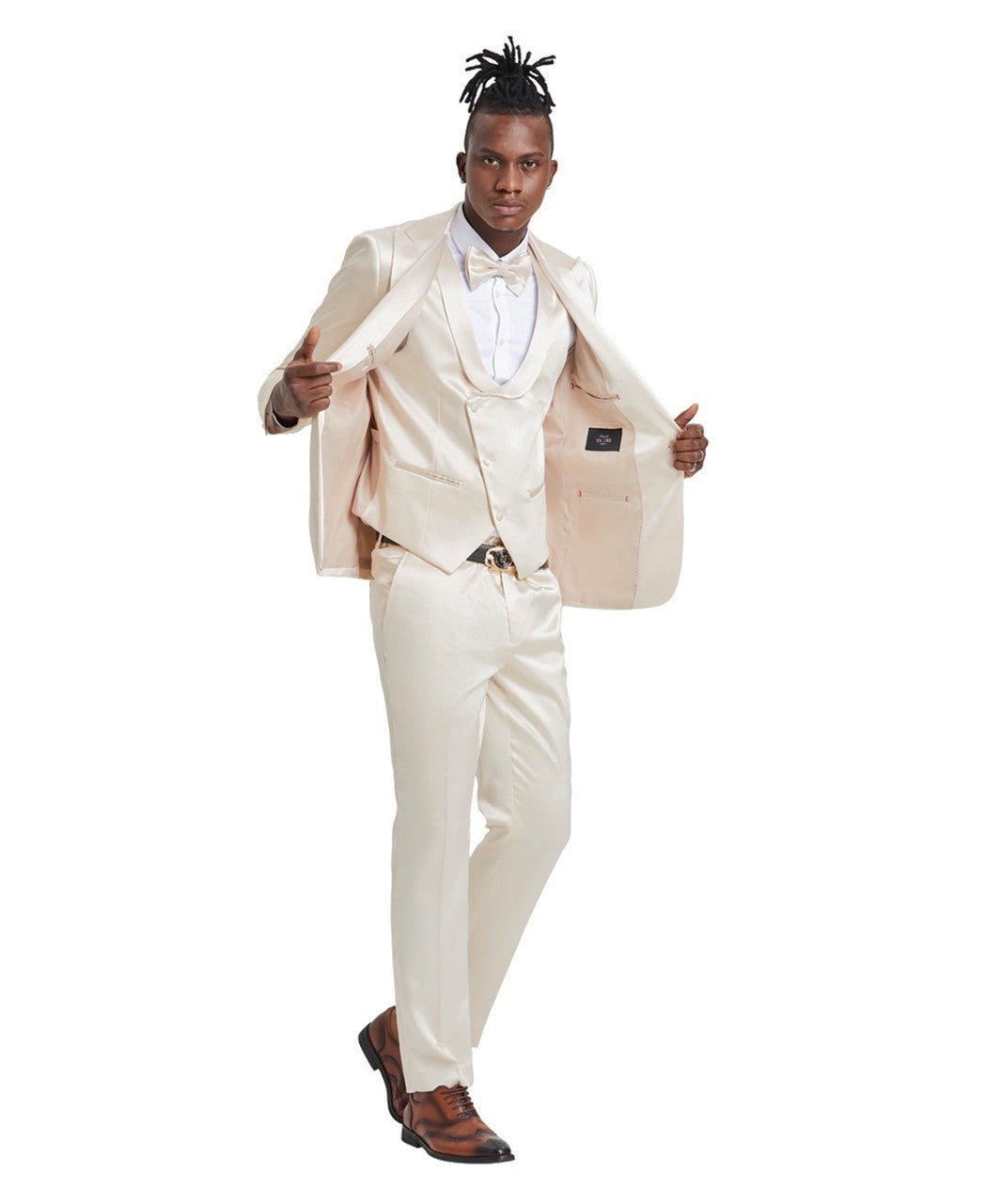 sharkskin three-piece suit in champagne