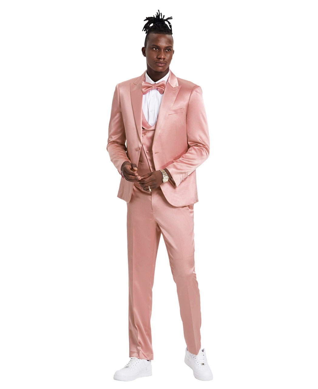 sharkskin three-piece suit in dusty rose
