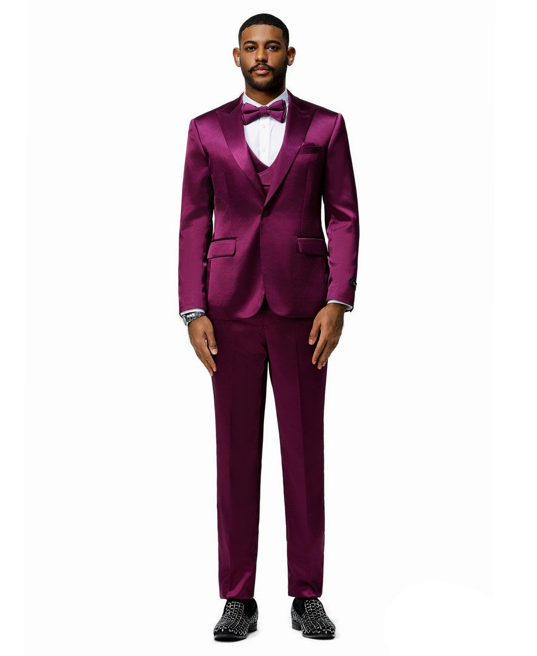 sharkskin three-piece suit in purple