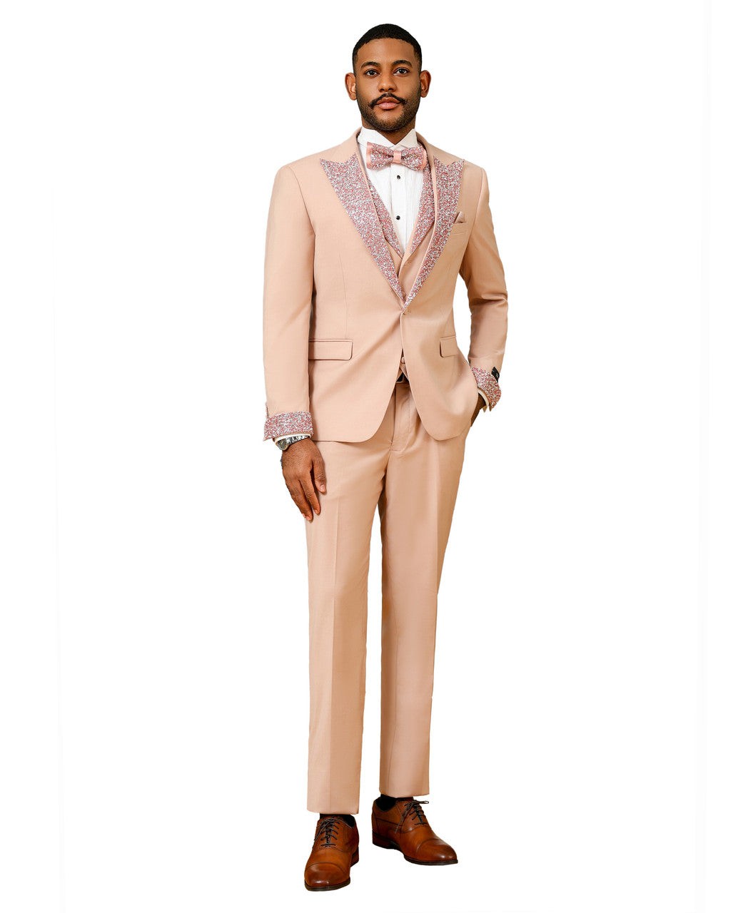 stone-studded peak lapel three-piece suit in peach