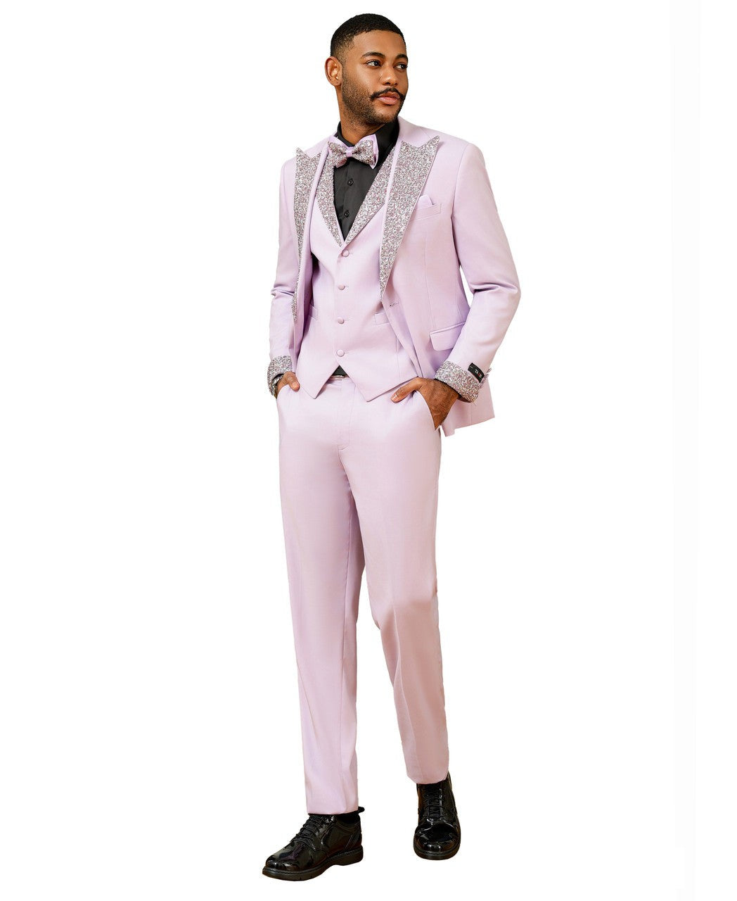 stone-studded peak lapel three-piece suit in pink