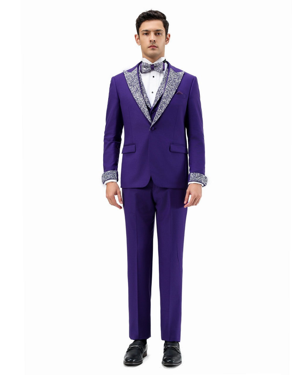stone-studded peak lapel three-piece suit in purple