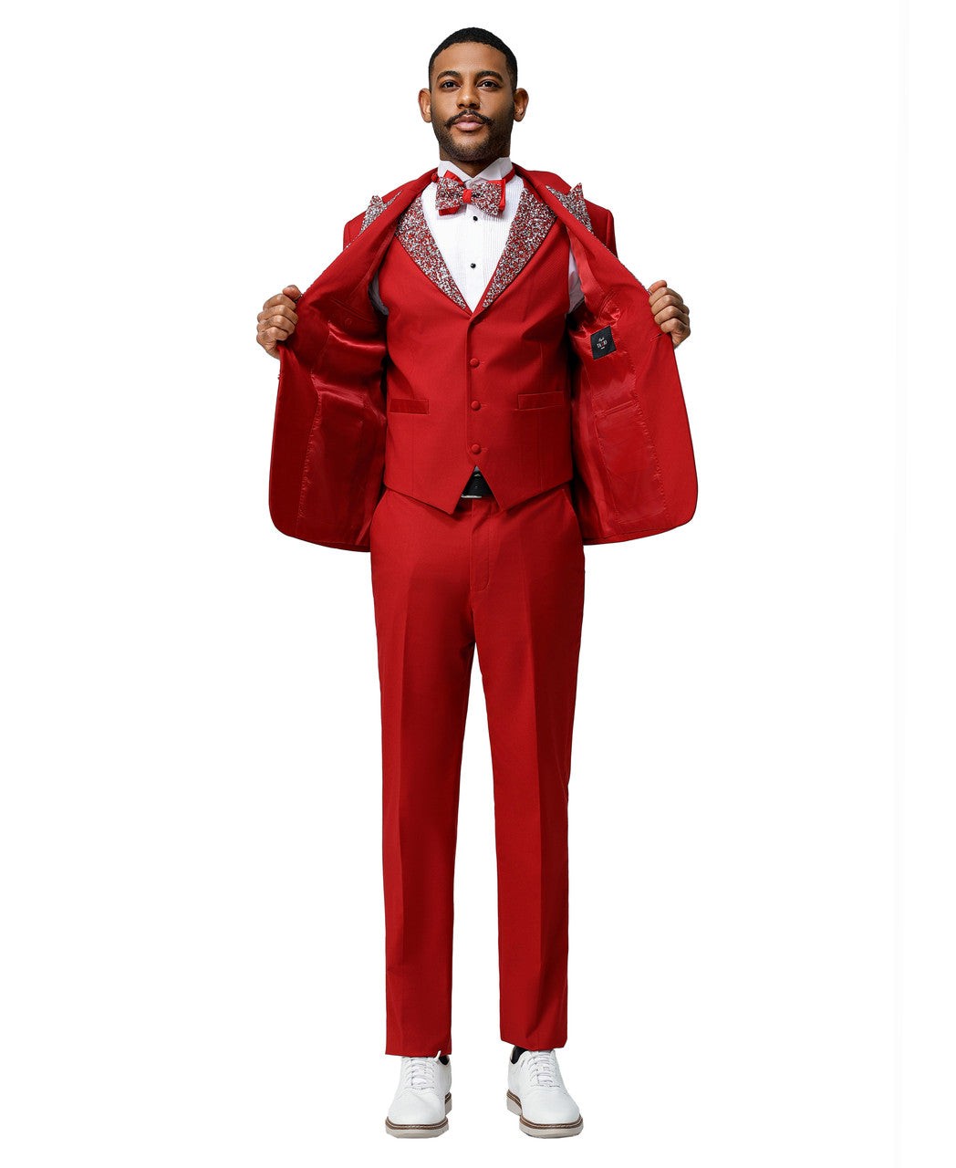 stone-studded peak lapel three-piece suit in red